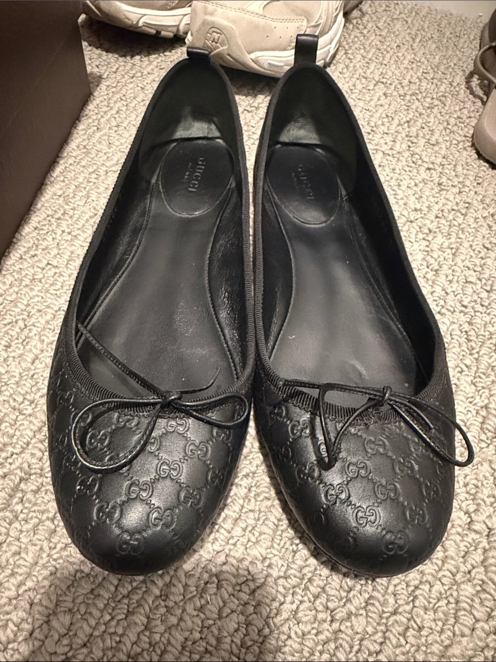 Gucci Black Embossed GG Leather Ballet Flats with Bow